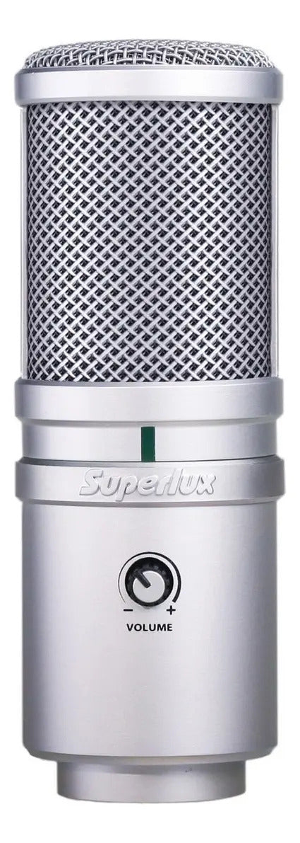 Superlux E205U - Micrófono Condensador USB Gris vista frontal con base