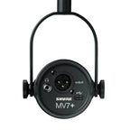 Micrófono Shure MV7+ negro vista trasera con conexiones XLR, USB-C y salida de auriculares