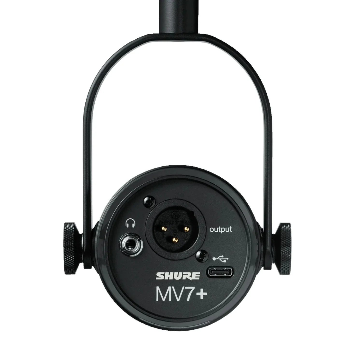 Micrófono Shure MV7+ negro vista trasera con conexiones XLR, USB-C y salida de auriculares