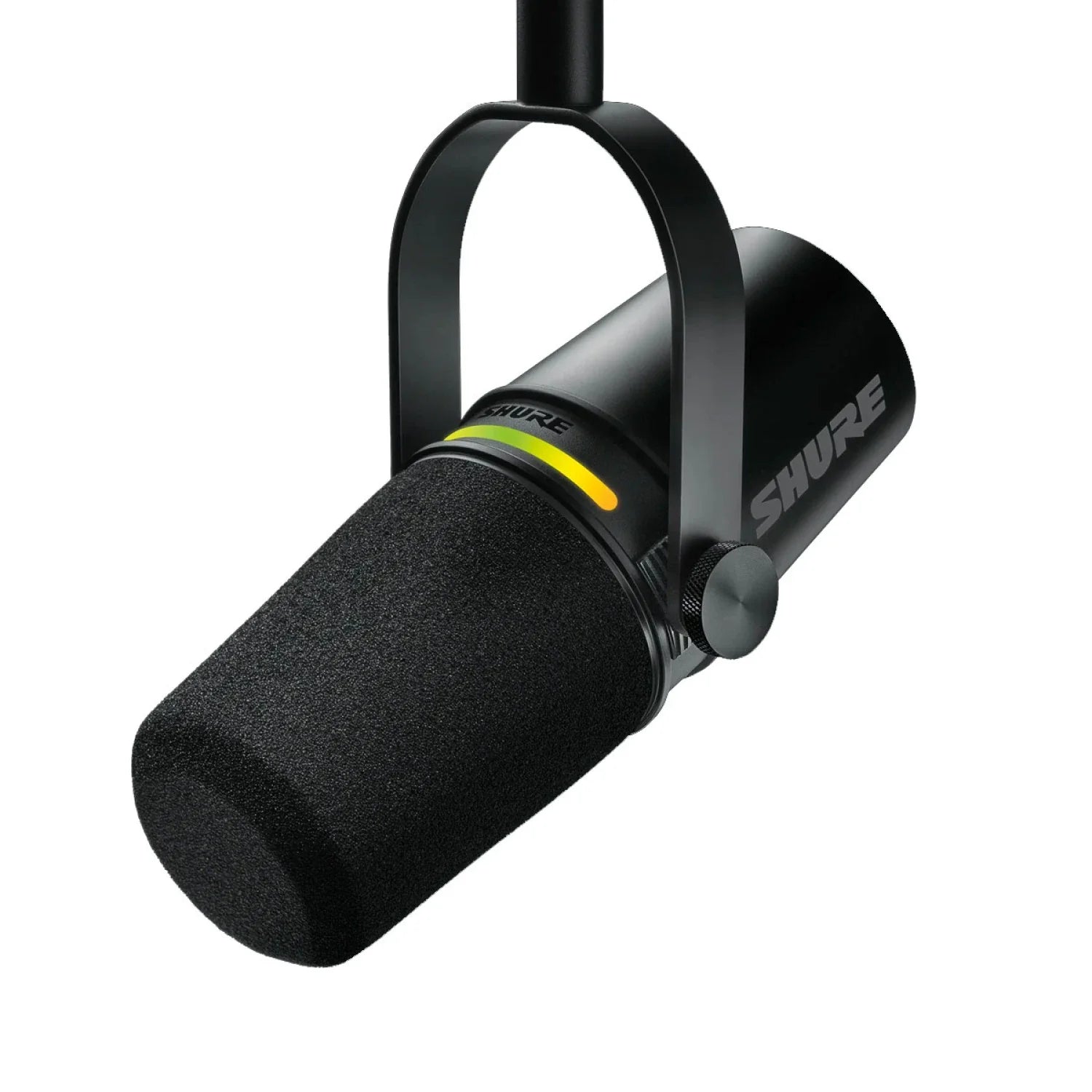 Micrófono Shure MV7+ negro vista frontal en ángulo con panel LED personalizable